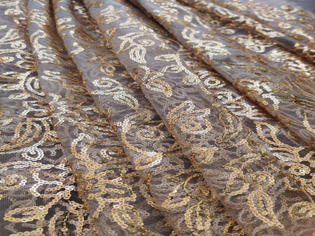 Golden Floral Sequins Heavy Embellished Net Fabric