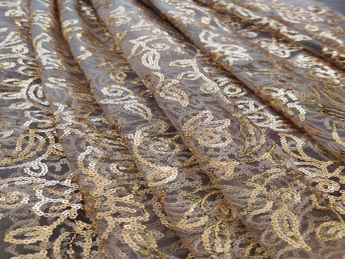 Golden Floral Sequins Heavy Embellished Net Fabric