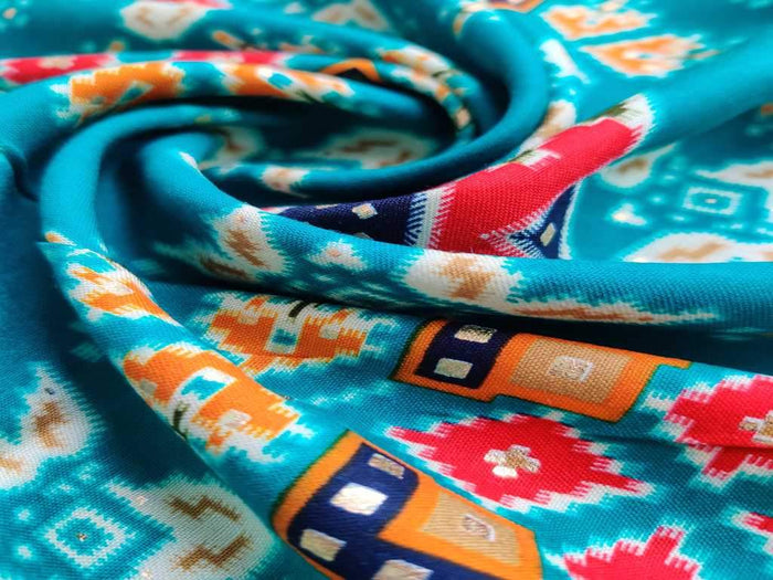 Green Multicolour Abstract Foil Printed Rayon Fabric