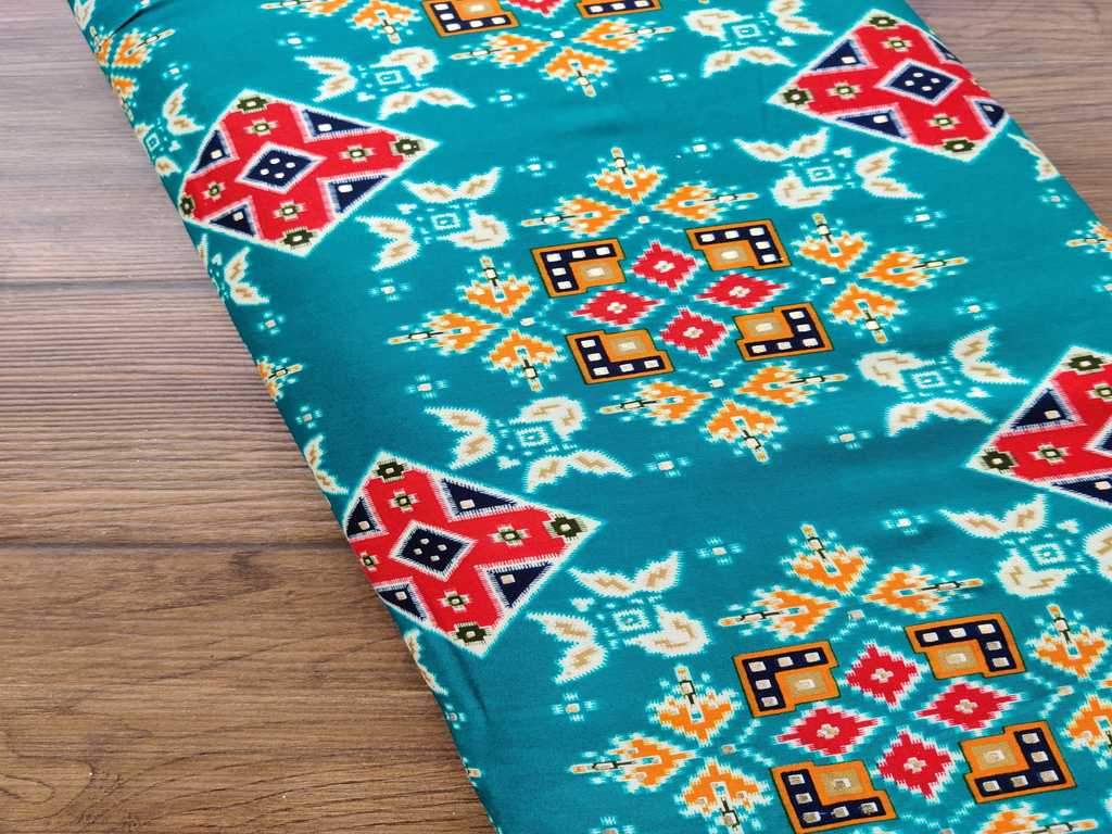 Green Multicolour Abstract Foil Printed Rayon Fabric