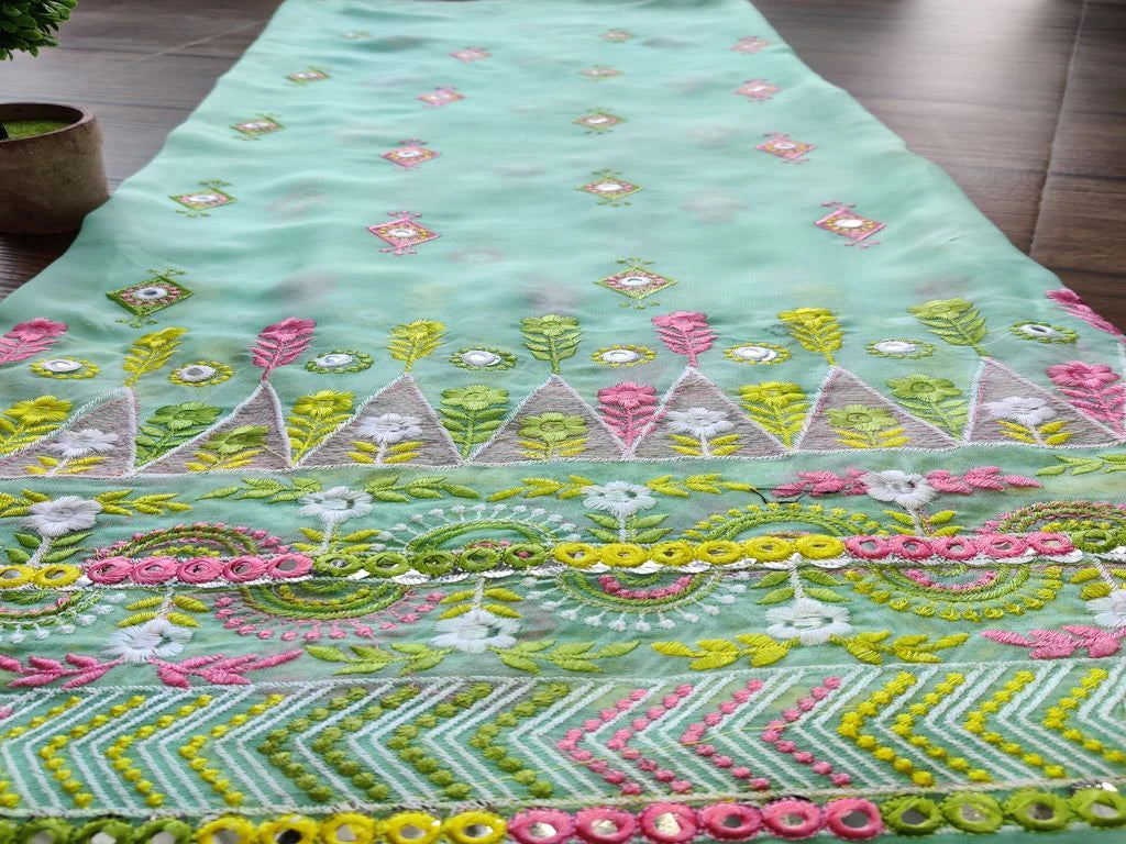 Green Multicolour Flowers Thread and Mirror Work Embroidered Georgette Fabric