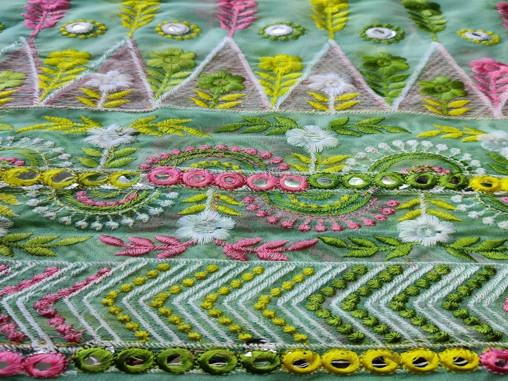 Green Multicolour Flowers Thread and Mirror Work Embroidered Georgette Fabric