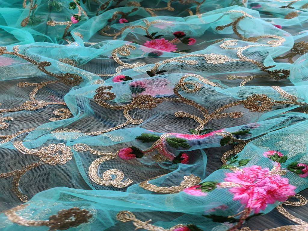 Blue Floral Dori And Thread Embroidered Net Fabric