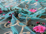 Blue Floral Dori And Thread Embroidered Net Fabric