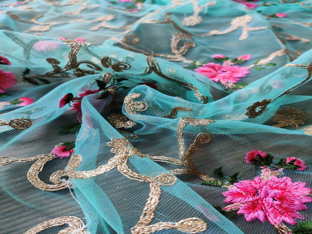 Blue Floral Dori And Thread Embroidered Net Fabric