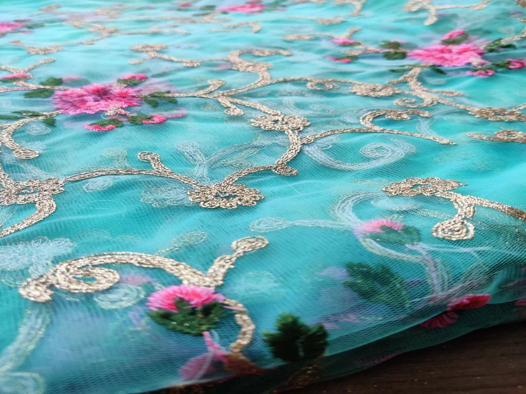 Blue Floral Dori And Thread Embroidered Net Fabric