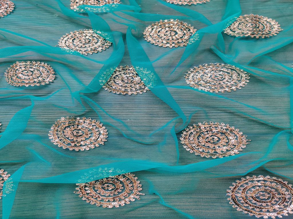Green Golden Floral Embroidered Net Fabric