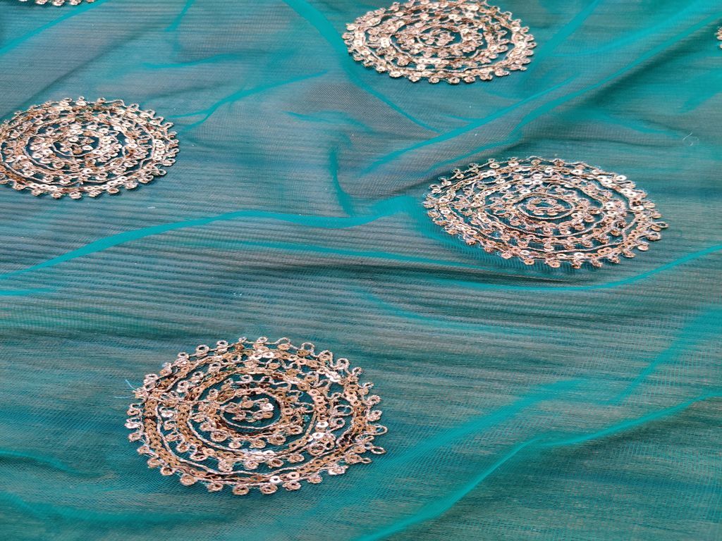 Green Golden Floral Embroidered Net Fabric