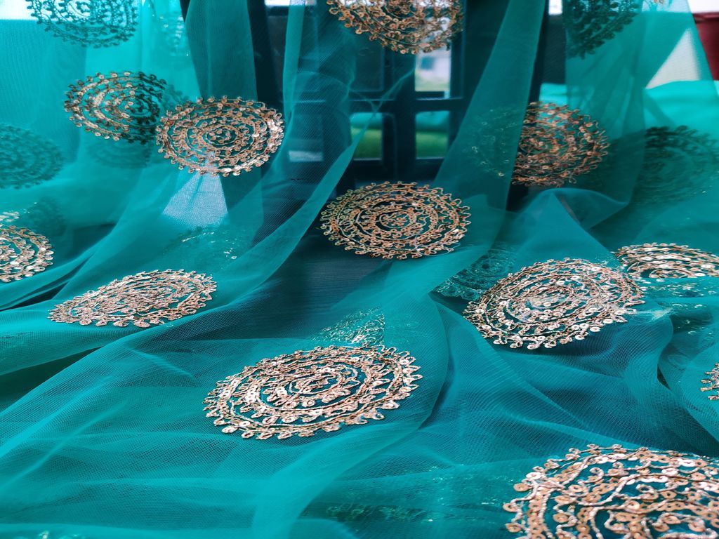 Green Golden Floral Embroidered Net Fabric