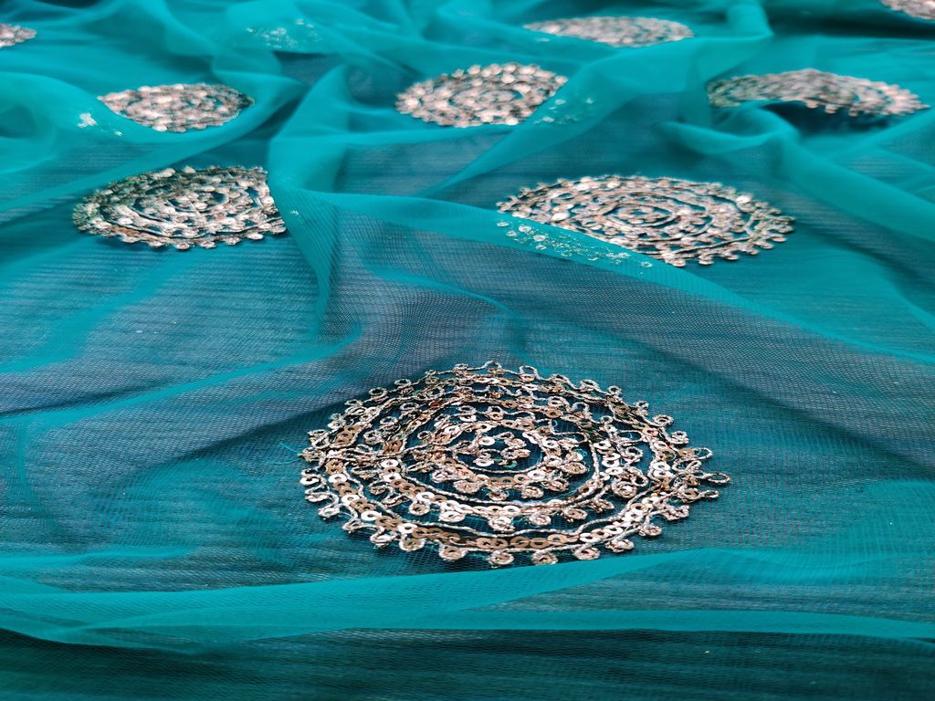 Green Golden Floral Embroidered Net Fabric