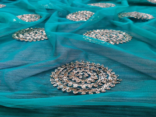 Green Golden Floral Embroidered Net Fabric