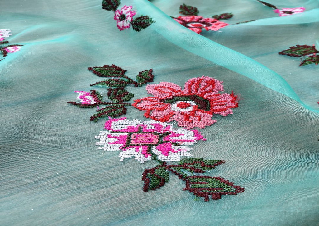 Green Floral Cross Stitched Embroidered Organza Fabric