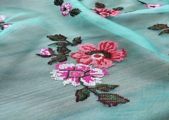 Green Floral Cross Stitched Embroidered Organza Fabric