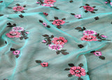 Green Floral Cross Stitched Embroidered Organza Fabric