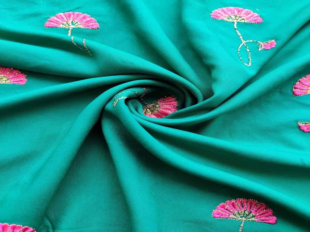 Green Pink Flowers Embroidered Rayon Fabric