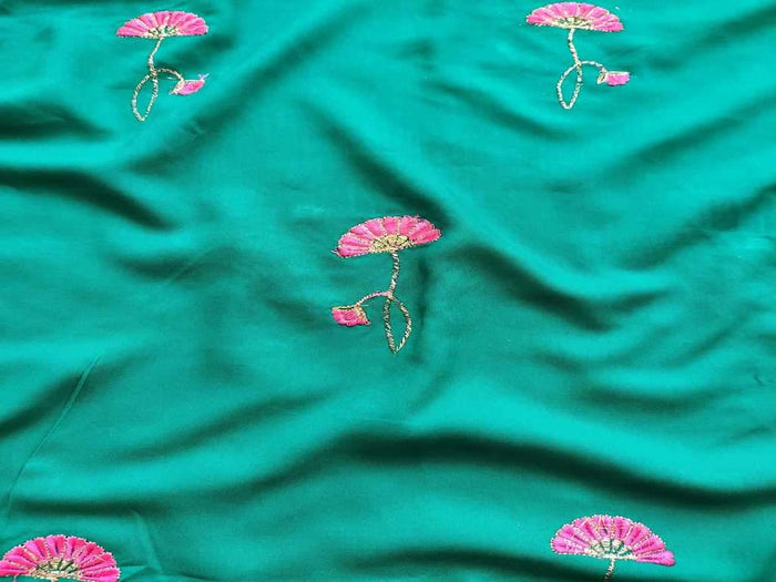Green Pink Flowers Embroidered Rayon Fabric