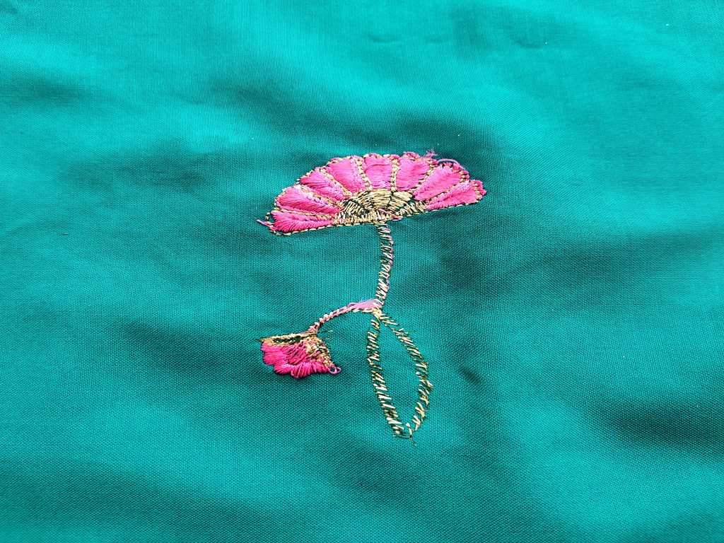 Green Pink Flowers Embroidered Rayon Fabric