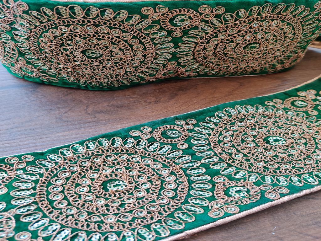 Green Golden Sequins and Thread Work Embroidered Border