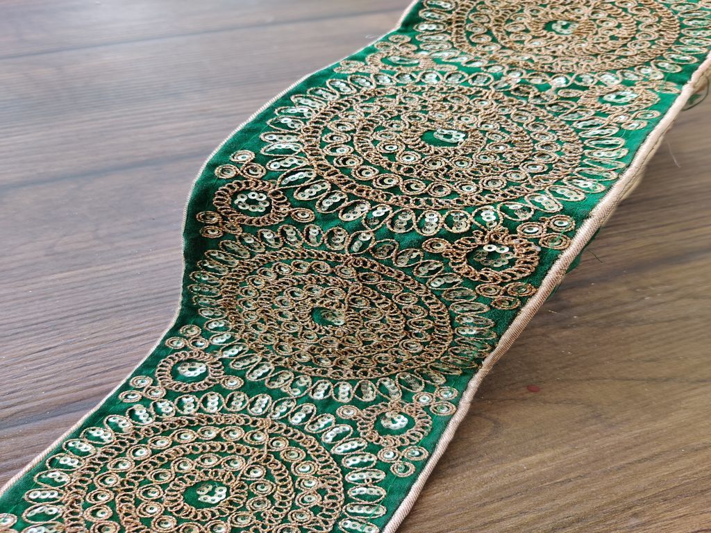 Green Golden Sequins and Thread Work Embroidered Border