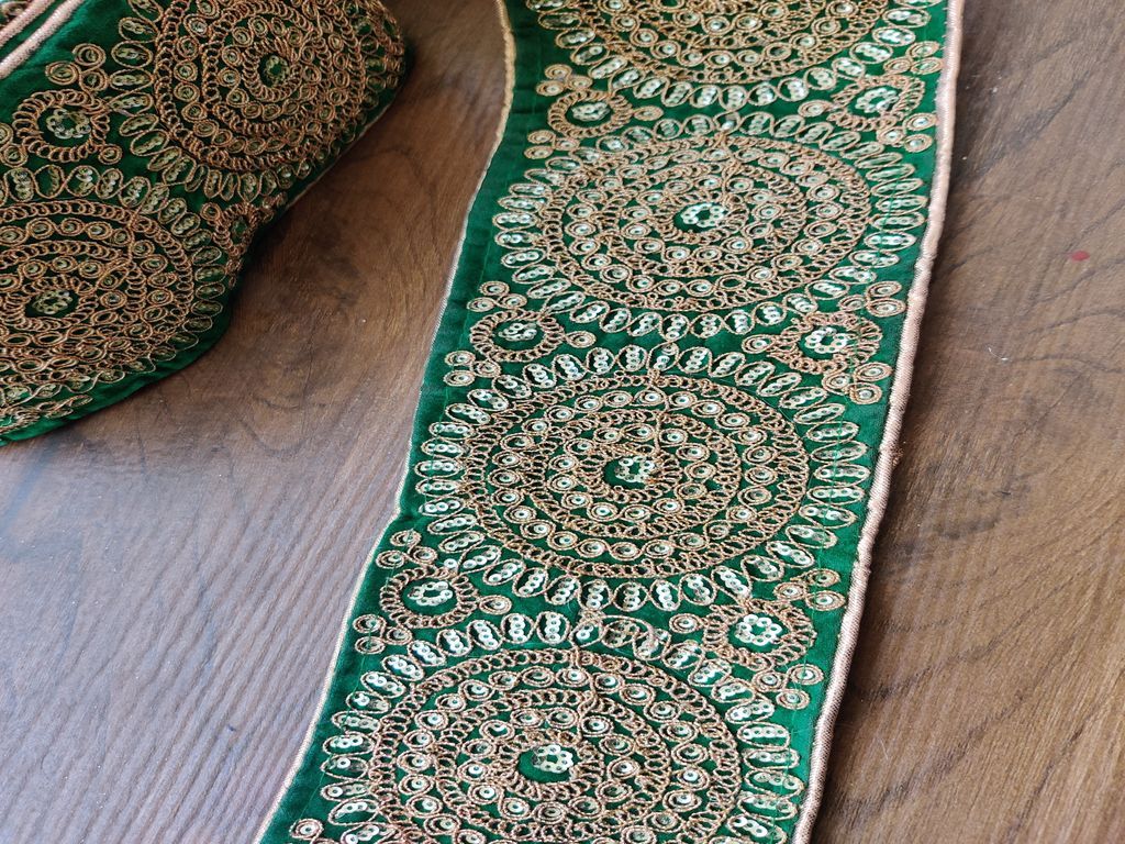 Green Golden Sequins and Thread Work Embroidered Border