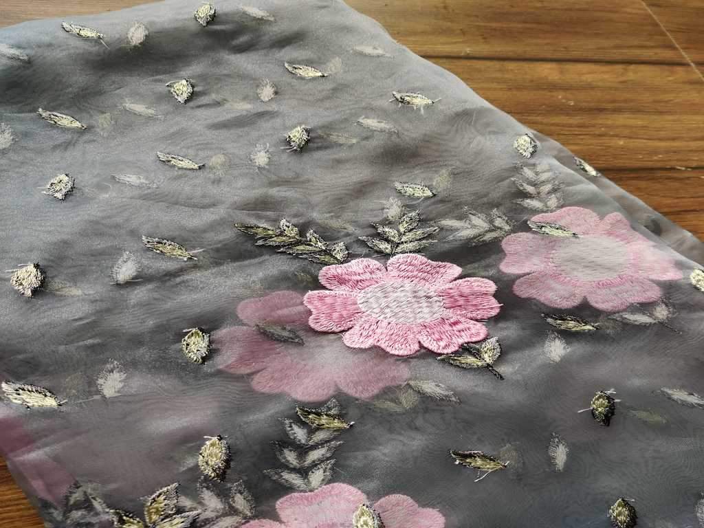 Gray Pink Floral Embroidered Organza Fabric