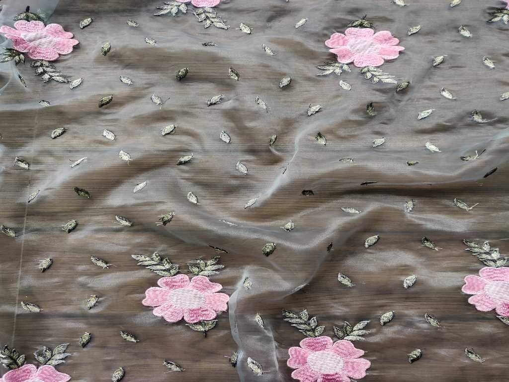 Gray Pink Floral Embroidered Organza Fabric