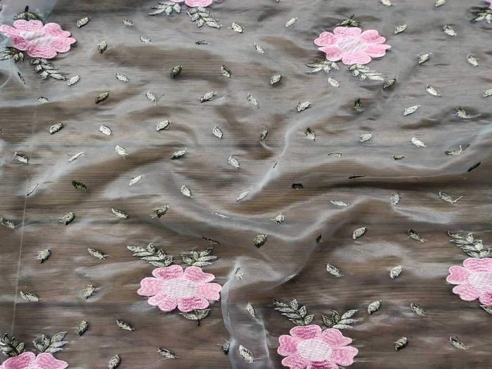 Gray Pink Floral Embroidered Organza Fabric
