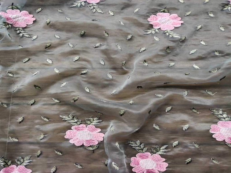 Gray Pink Floral Embroidered Organza Fabric
