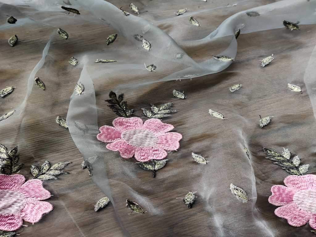 Gray Pink Floral Embroidered Organza Fabric