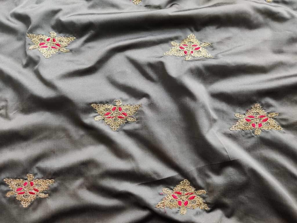 Grey Pink Golden Flowers Thread Embroidered Taffeta Silk Fabric