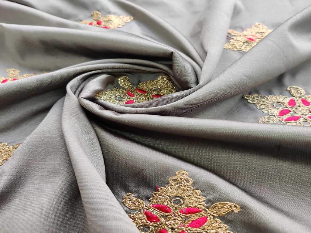 Grey Pink Golden Flowers Thread Embroidered Taffeta Silk Fabric