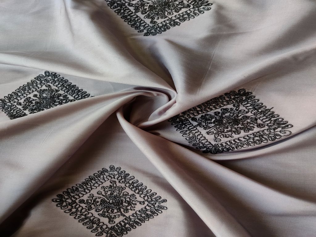 Gray Floral Dori Work Embroidered Taffeta Silk Fabric