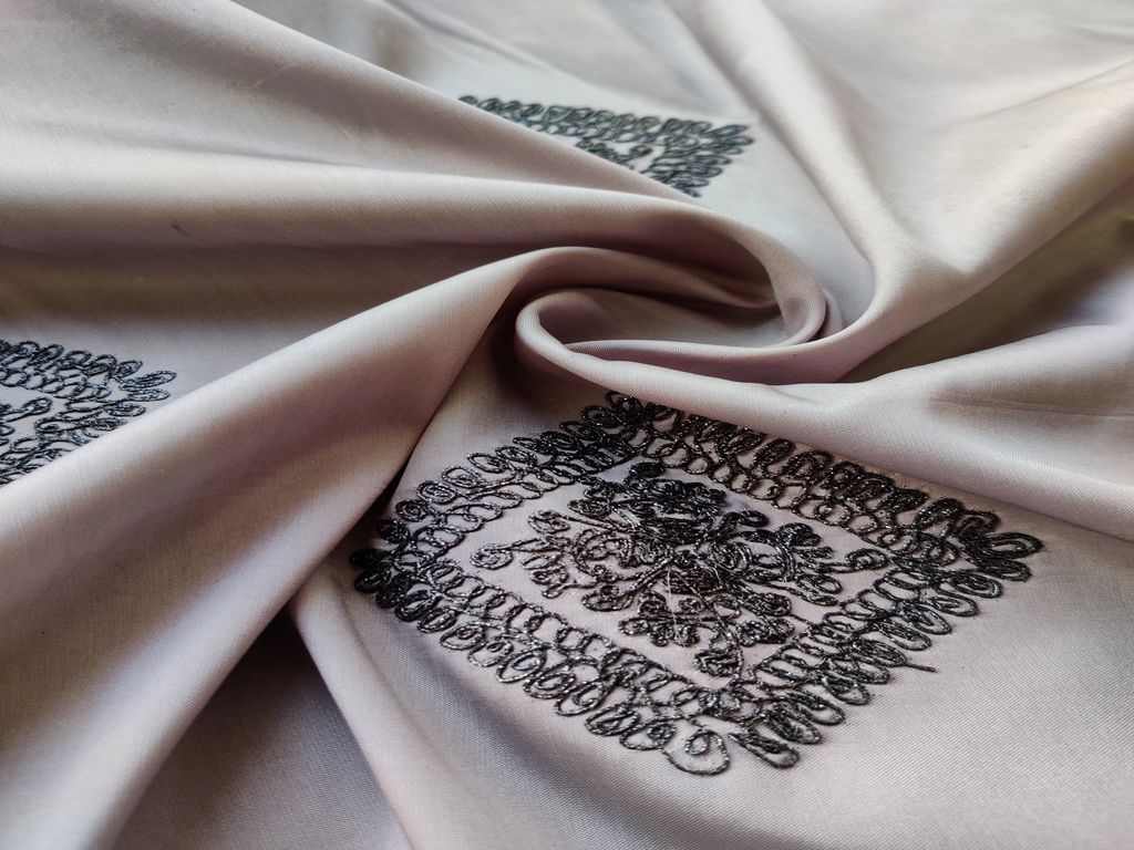 Gray Floral Dori Work Embroidered Taffeta Silk Fabric