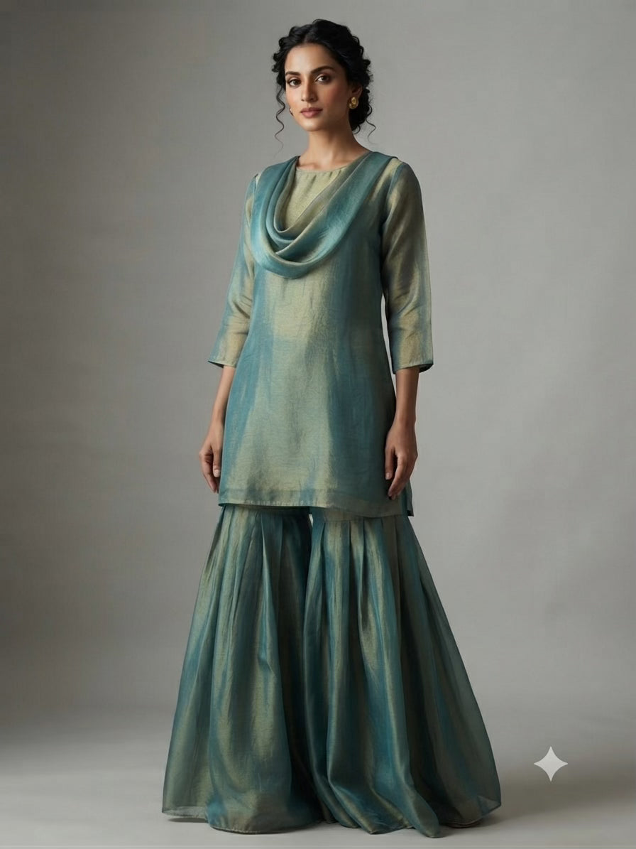 Luminous Teal-Gold Fandy/ Metallic Blend Fancy Fabric