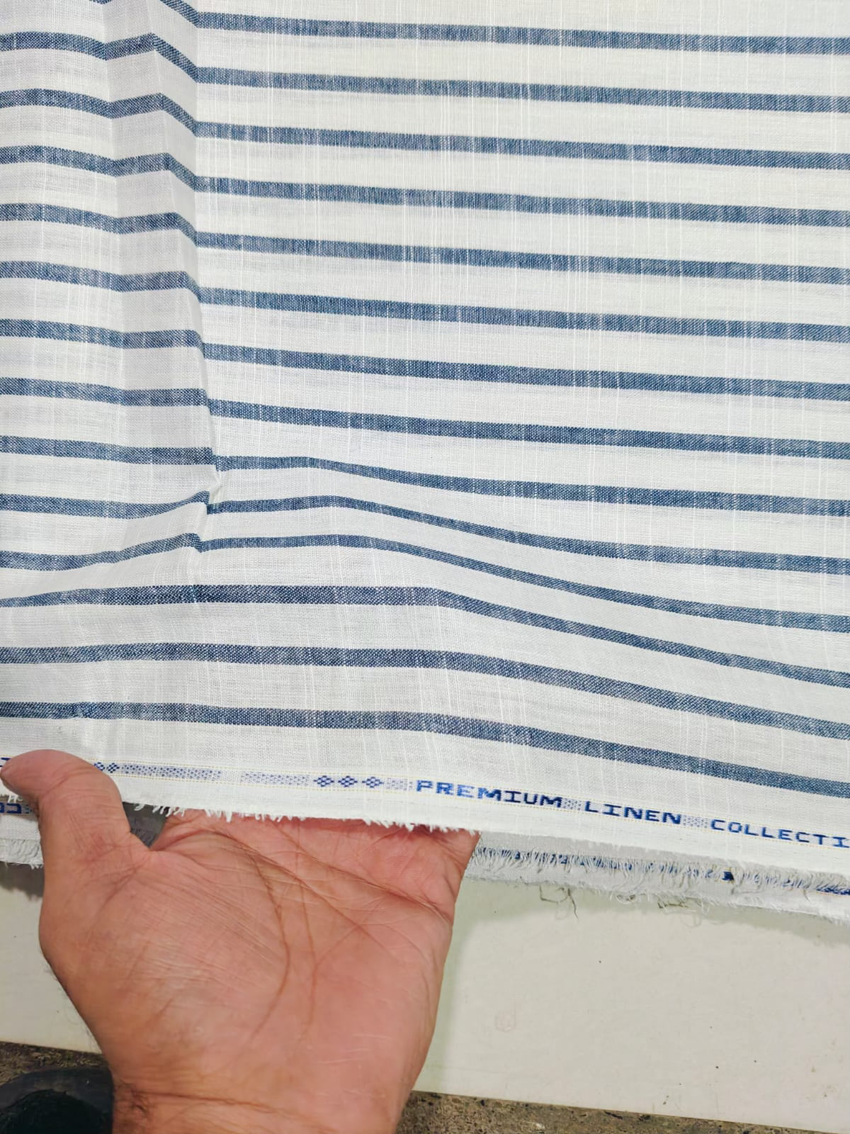 Classic Blue Striped Premium Cotton Linen Fabric – close-up texture