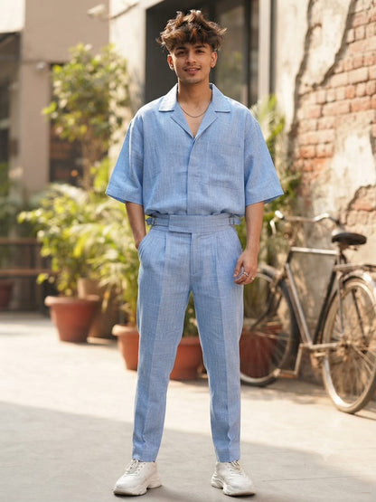 Sophisticated Blue melange with white undertones Linen-blend Suiting Fabric