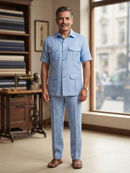 Sophisticated Blue melange with white undertones Linen-blend Suiting Fabric