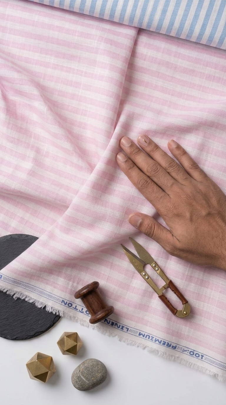 Blush Breeze Stripe: Premium Cotton-Linen Fabric