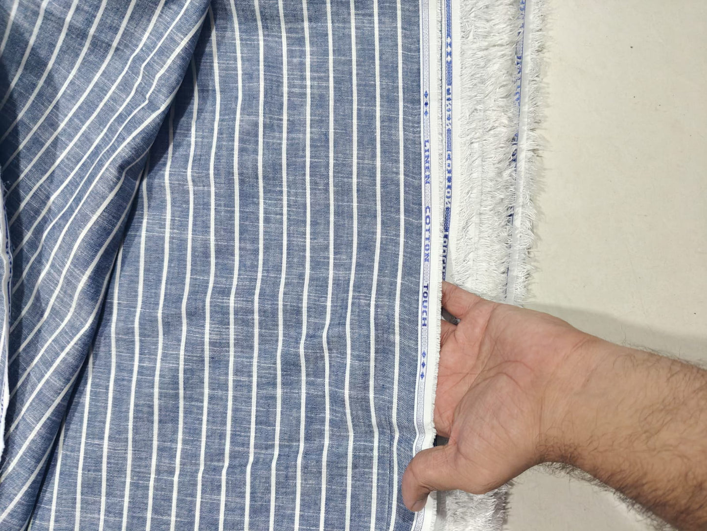Blue & White Striped Cotton-Linen Blend Fabric