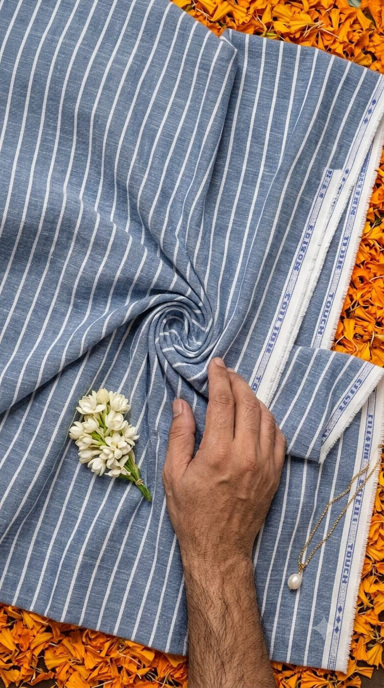 Blue & White Striped Cotton-Linen Blend Fabric
