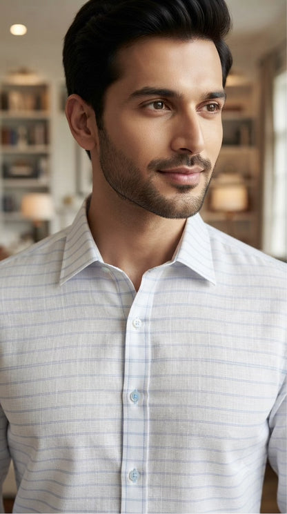 Classic White & Dual-Blue Striped Cotton-Linen Blend Fabric