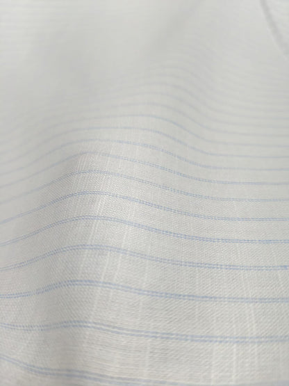 Classic White & Dual-Blue Striped Cotton-Linen Blend Fabric