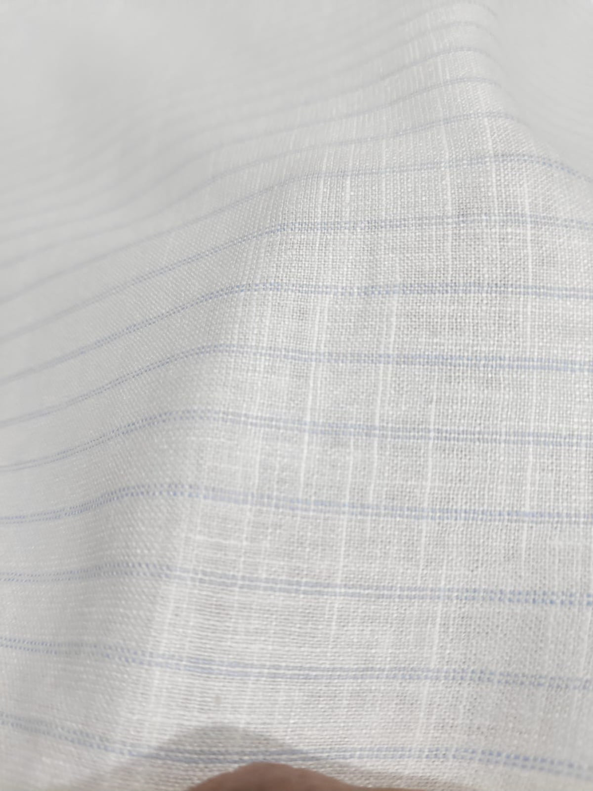 Classic White & Dual-Blue Striped Cotton-Linen Blend Fabric