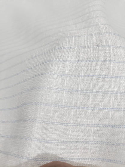 Classic White & Dual-Blue Striped Cotton-Linen Blend Fabric