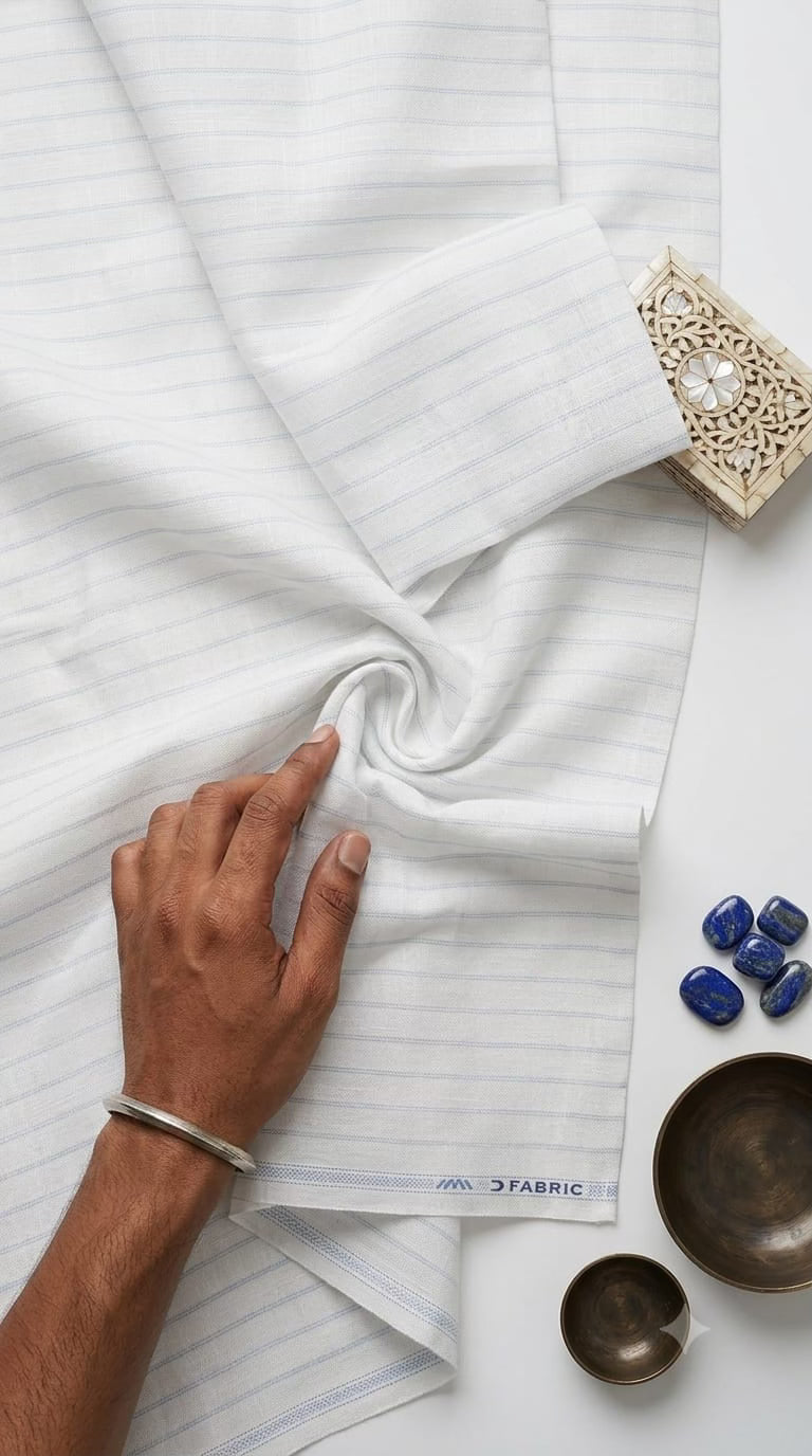 Classic White & Dual-Blue Striped Cotton-Linen Blend Fabric