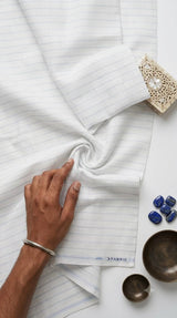 Classic White & Dual-Blue Striped Cotton-Linen Blend Fabric