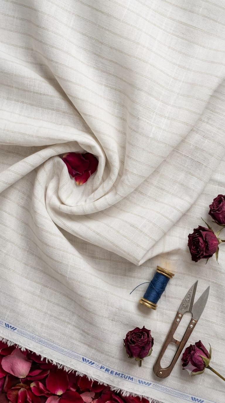 Classic White & Dual-Beige Striped Cotton-Linen Blend Fabric