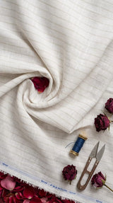 Classic White & Dual-Beige Striped Cotton-Linen Blend Fabric