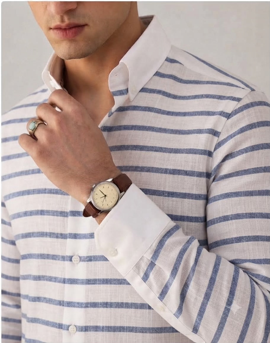 Classic Blue Striped Premium Cotton Linen Fabric