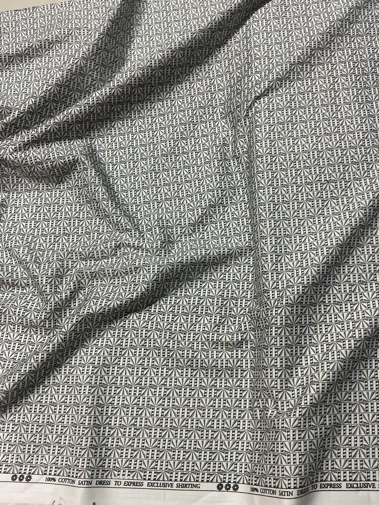 White and Black Geometric Digital Print 100% Cotton Satin Fabric - close-up of weave and texture